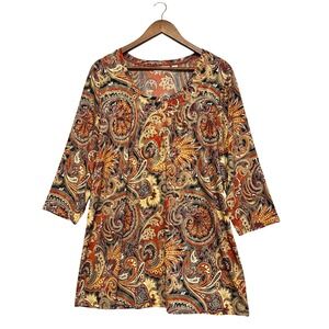 Susan Graver Tunic Top Womens Size XL Paisley Metallic 3/4 Sleeve Knit Stretchy